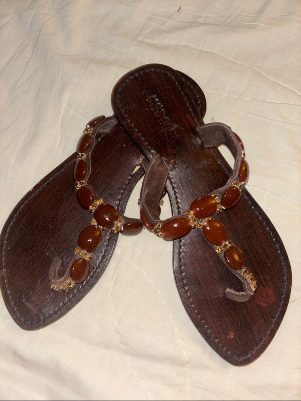 Mystique Women’s Brown Beaded T-Strap Sandals